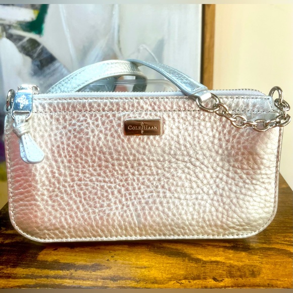 Cole Haan Handbags - COLE HAAN Purse Silver Crossbody And Or Shoulder Strap Clutch Soft Leather